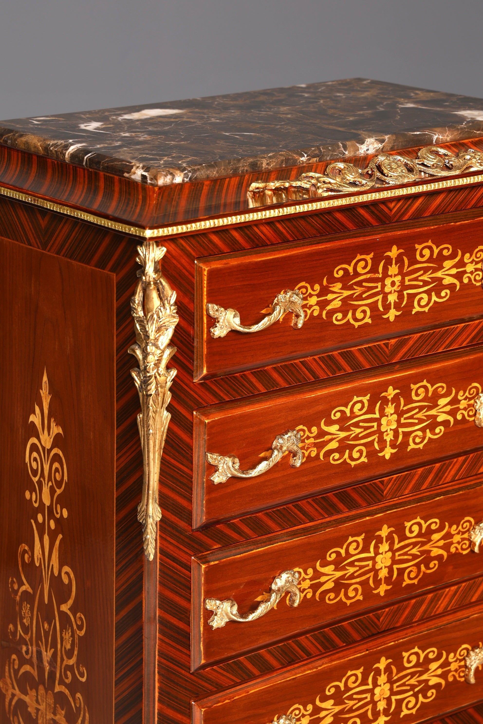 Wunderschönes Barock Stil Louis XV Highboard Marmor Vertiko Intarsien Kommode