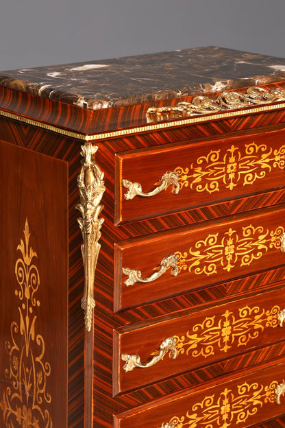 Wunderschönes Barock Stil Louis XV Highboard Marmor Vertiko Intarsien Kommode
