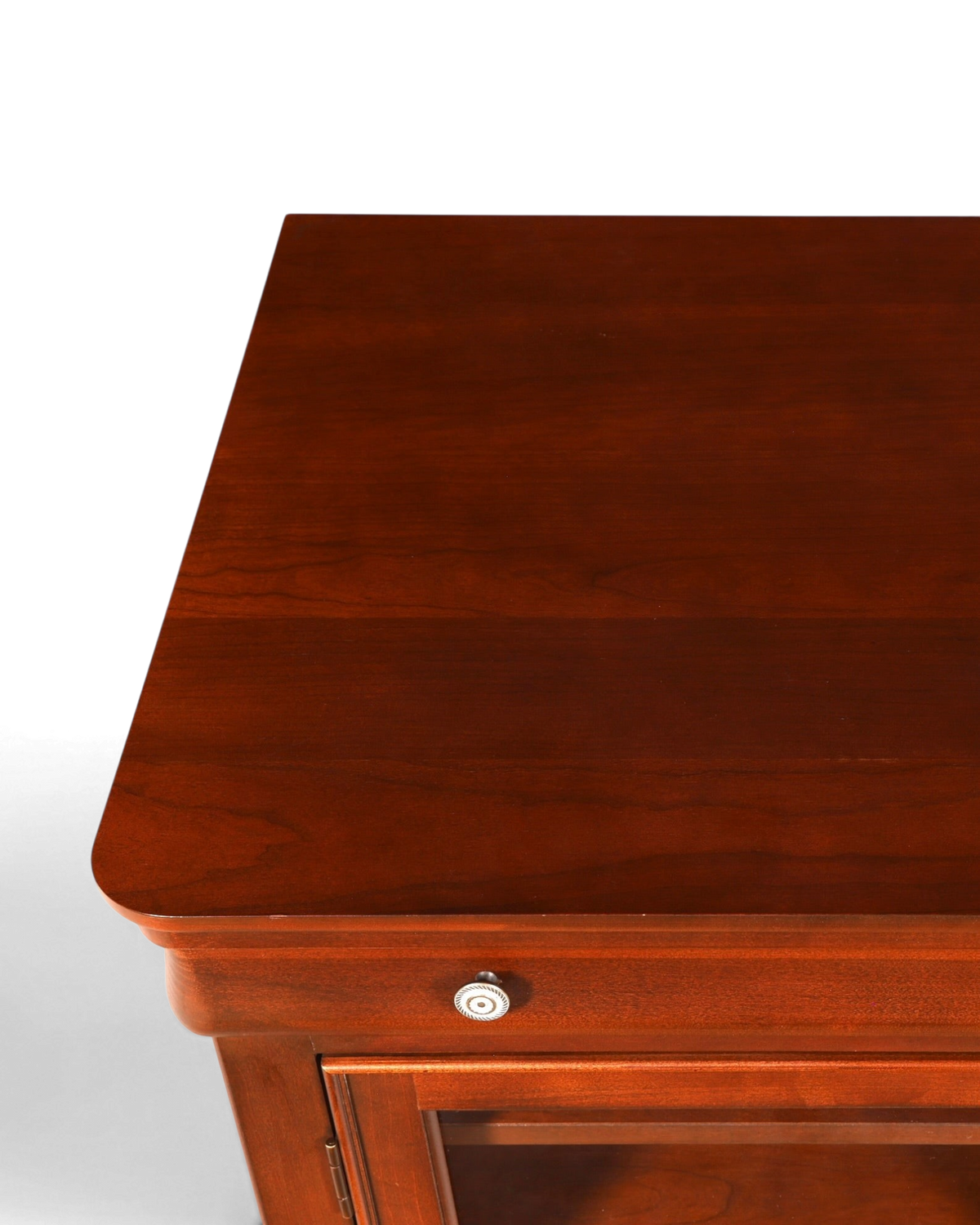 Hauptstadt Möblerei H887 Finish Tischplatte aus dunkelbraunem Holz mit glatter Oberfläche und silbernem Knopfgriff
