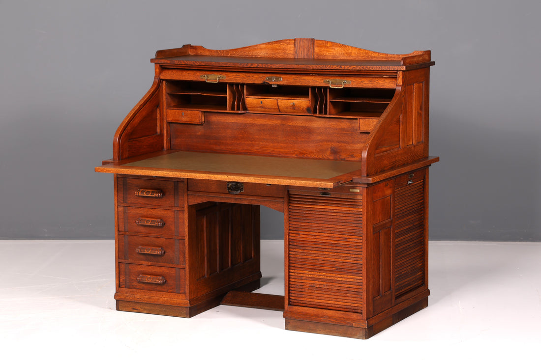 Beautiful Bauhaus-style Art Deco writing desk, roll-top desk, antique vintage oak