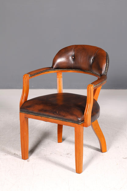 Wunderschöner Chesterfield Armlehnstuhl Braun Echt Leder Englisch Bürostuhl Schreibtischstuhl Sekretär Stuhl Court Chair 1 von 4