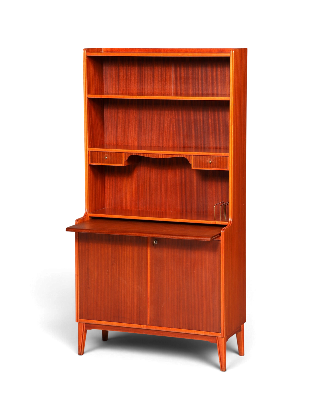 Hauptstadt Möblerei Mid Century ahşap sekreter ve kitaplık, ayarlanabilir raflı ve açılır çalışma yüzeyli vintage dolap.