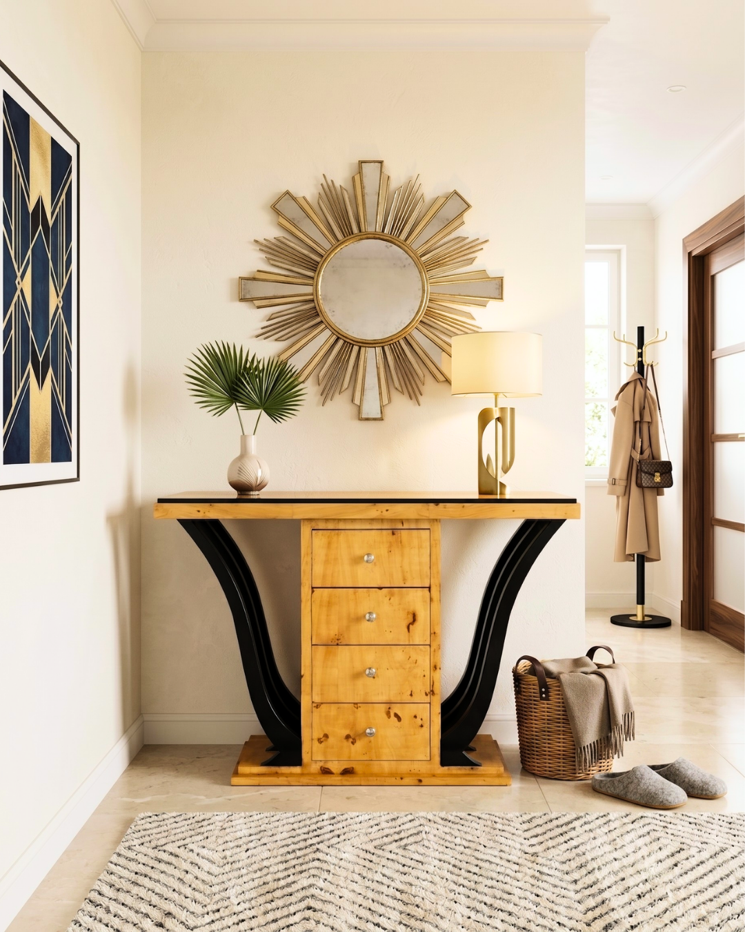 Beautiful Art Deco Style Wall Console Hallway Side Table Birch Biedermeier Console Table