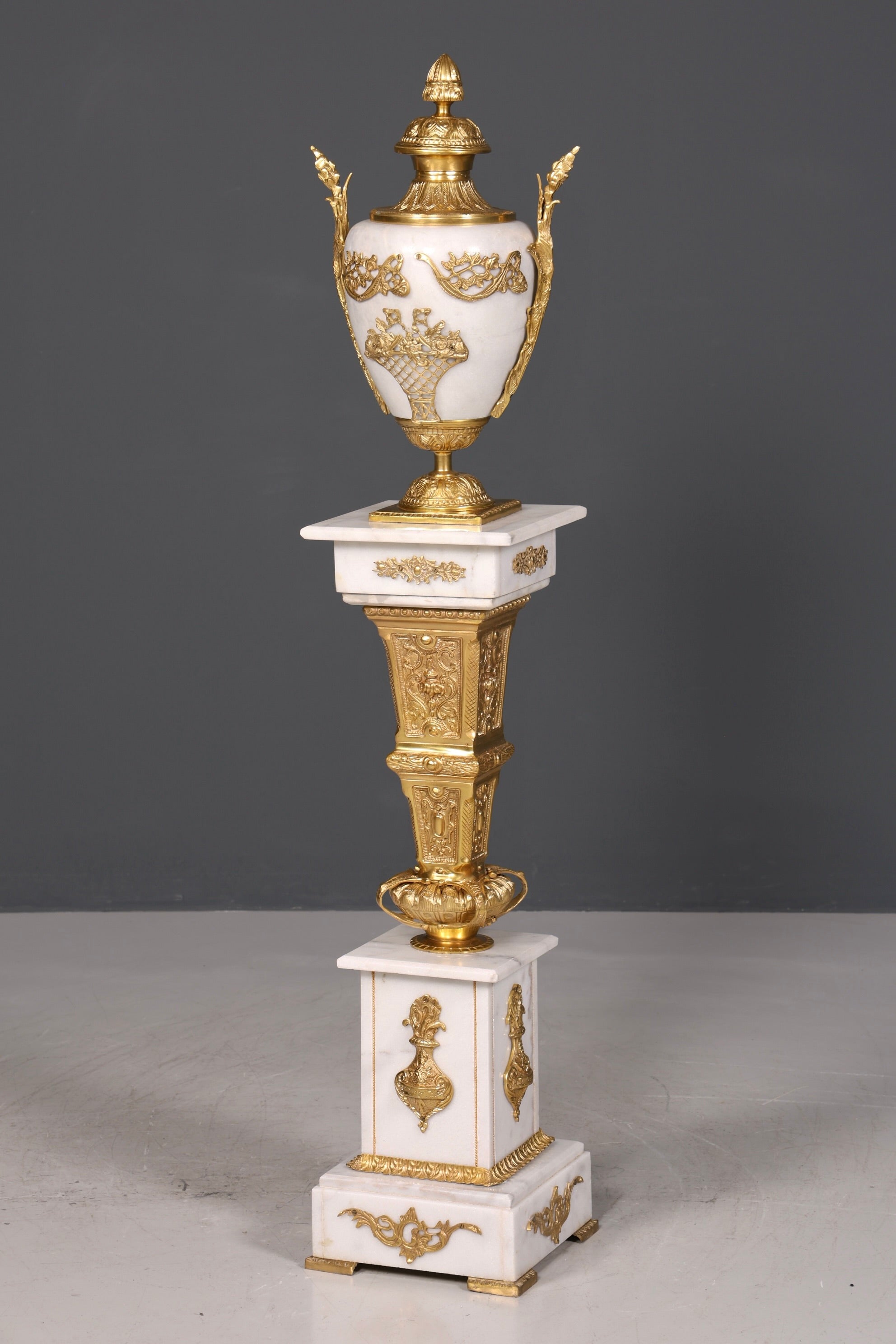 Beautiful Baroque style column with vase, Louis XV marble flower column, white natural stone base and shelf