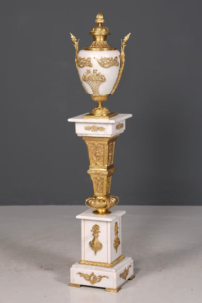 Beautiful Baroque style column with vase, Louis XV marble flower column, white natural stone base and shelf