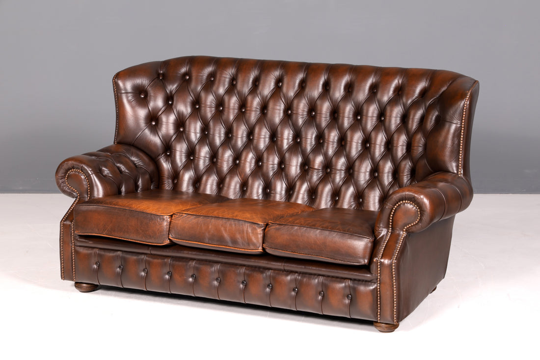 G103 Finish Wunderschönes Original Chesterfield Sofa 3- Sitzer echt Leder Oxblood Couch Englisch