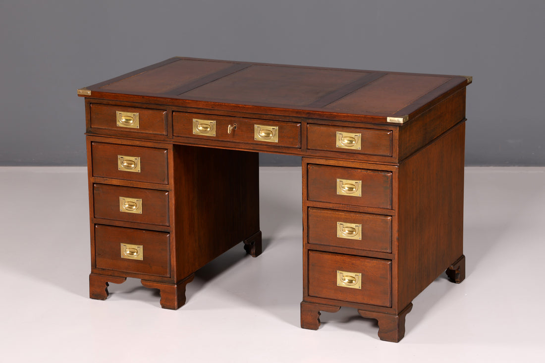 Elegant English desk, military chest, genuine leather top, office table, maritime antique vintage