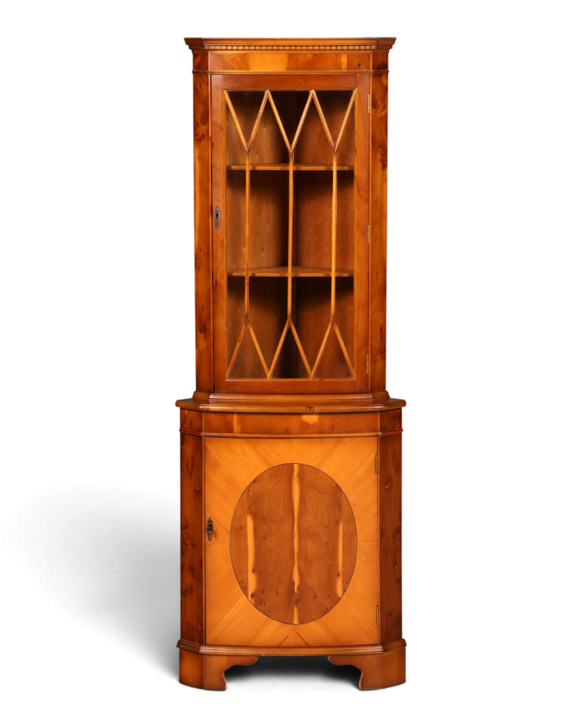 Dreamy English-style yew corner display cabinet, corner cupboard, glass display case, antique, solid wood, vintage