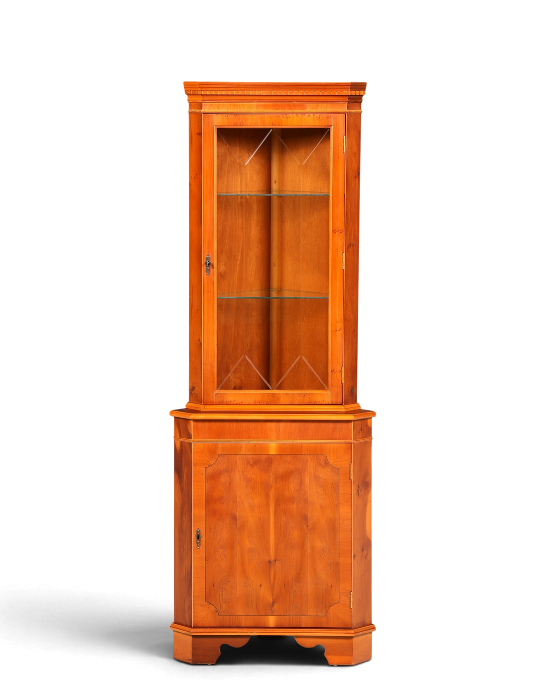 Hauptstadt Möblerei englische Eckvitrine aus Eibenholz mit Glas-Sprossentür, Innenbeleuchtung und Unterschrank