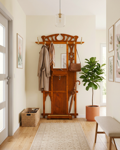 Hauptstadt Möblerei Jugendstil Wandgarderobe aus Holz mit Spiegel, Kleiderhaken und Ablage in einem hellen Flur
