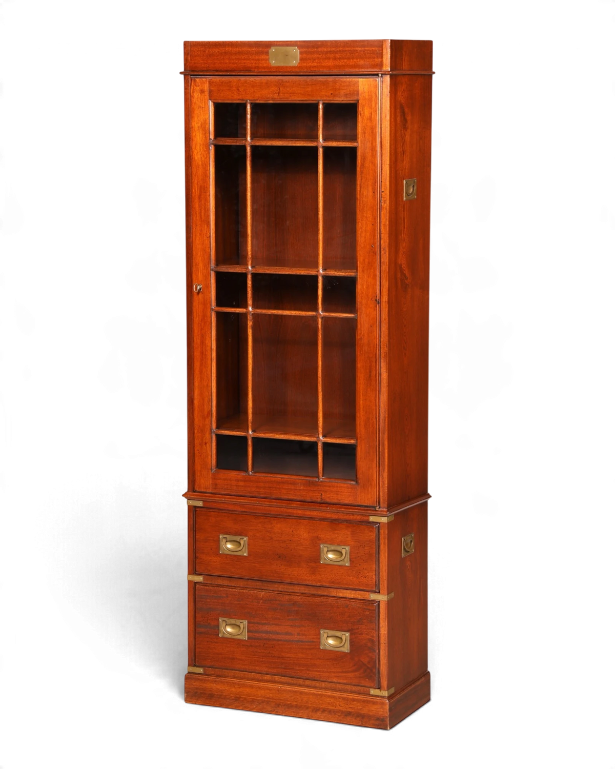 Beautiful English maritime display cabinet in military style, bookcase with mullioned door, display cabinet with drawers 1 of 2