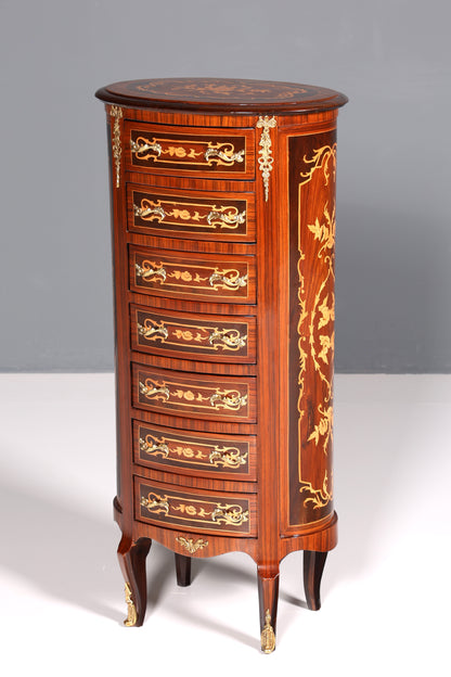 Beautiful oval Baroque style chest of drawers, vertico with inlaid details, 7 drawers