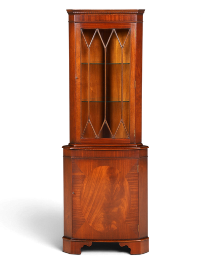 G028 Finish cm Wunderschöne Englische Eckvitrine Mahagoni Antik 60s echt Holz Schrank Eckschrank Glasvitrine