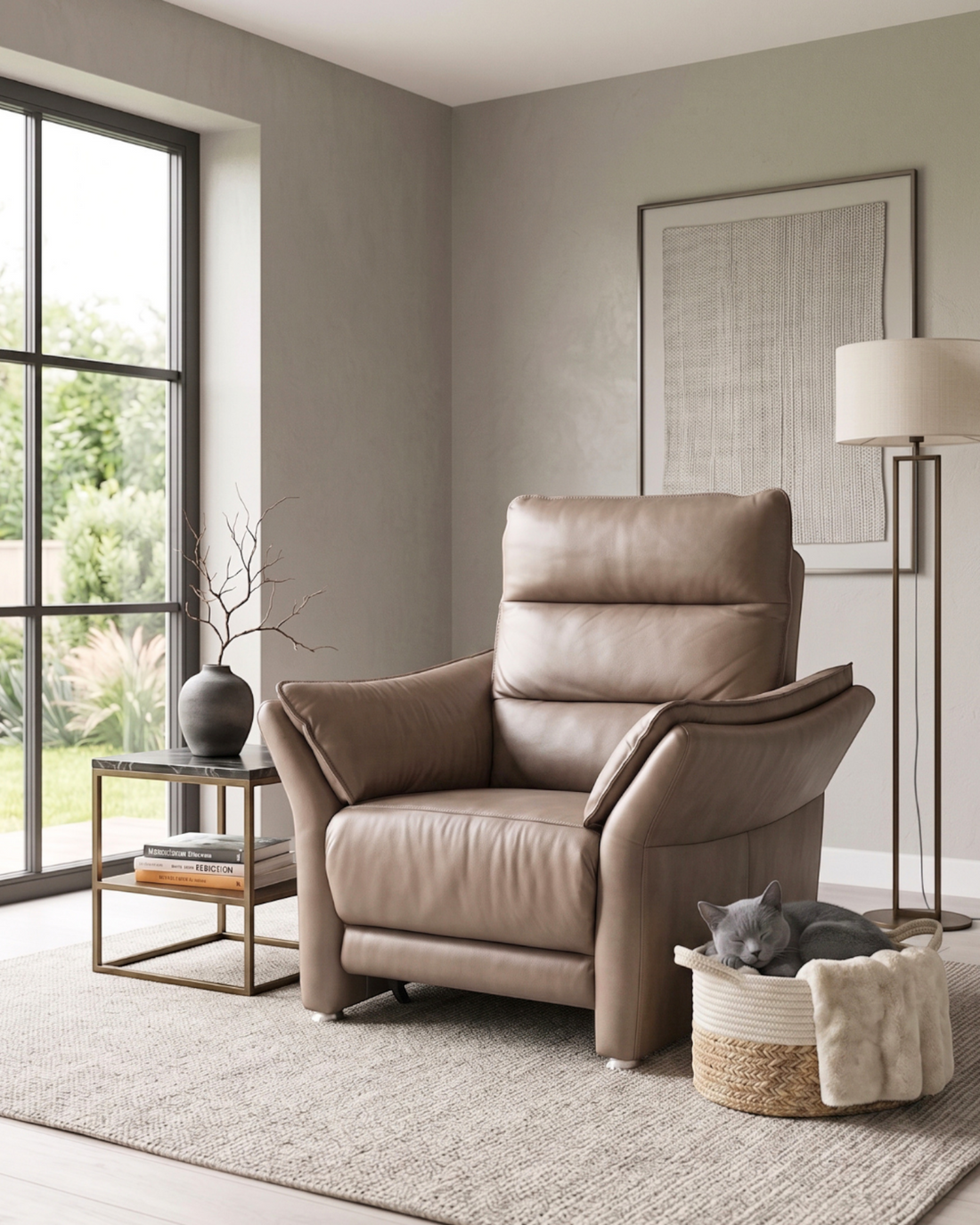 Beautiful Modern Taupe Leather Armchair Genuine Leather Recliner Lounge Chair Upholstered Armchair Club Chair Vintage
