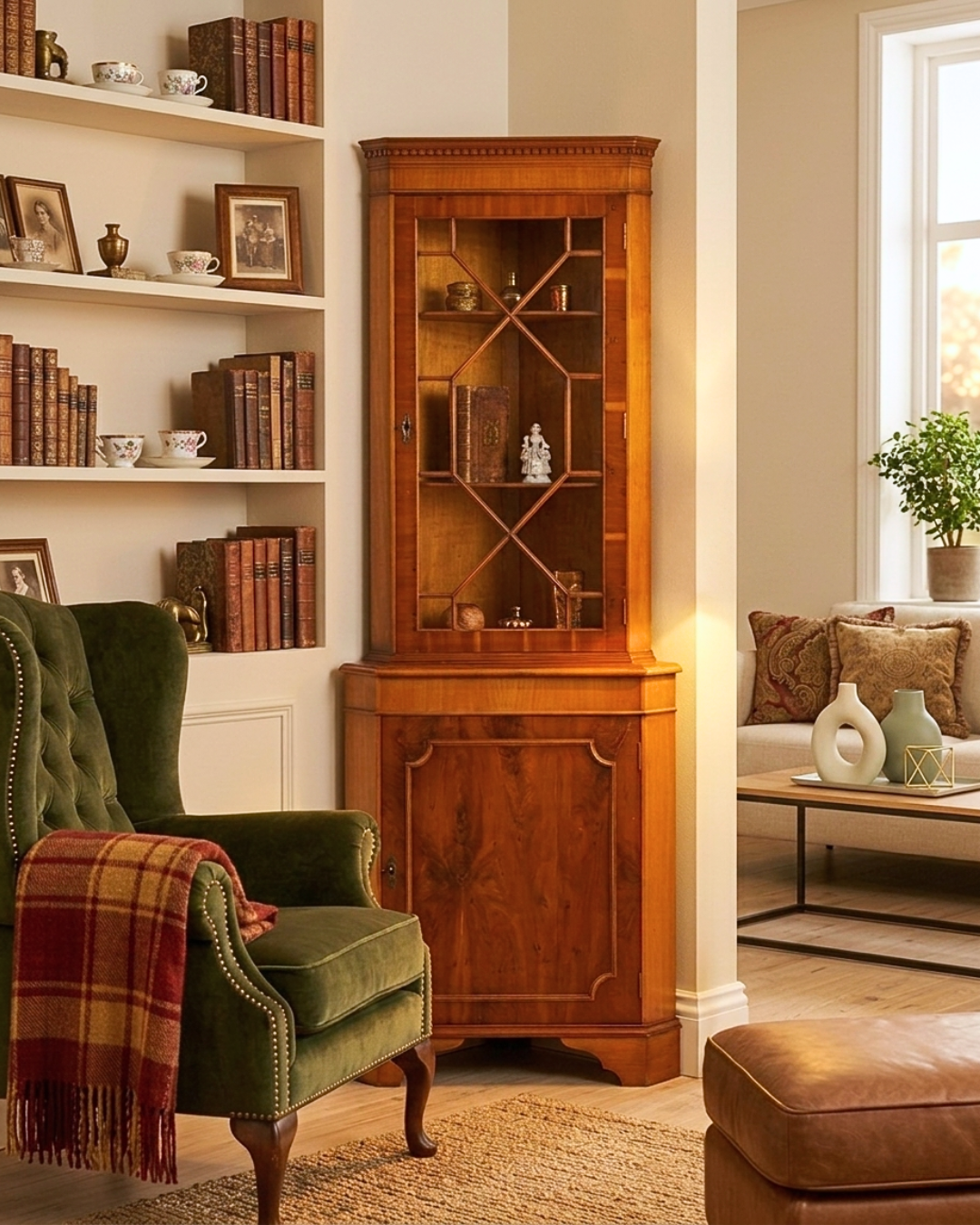 Wunderschöne Englische Eckvitrine Antik 60s echt Holz Eibe Schrank Eckschrank Glasvitrine Vitrine
