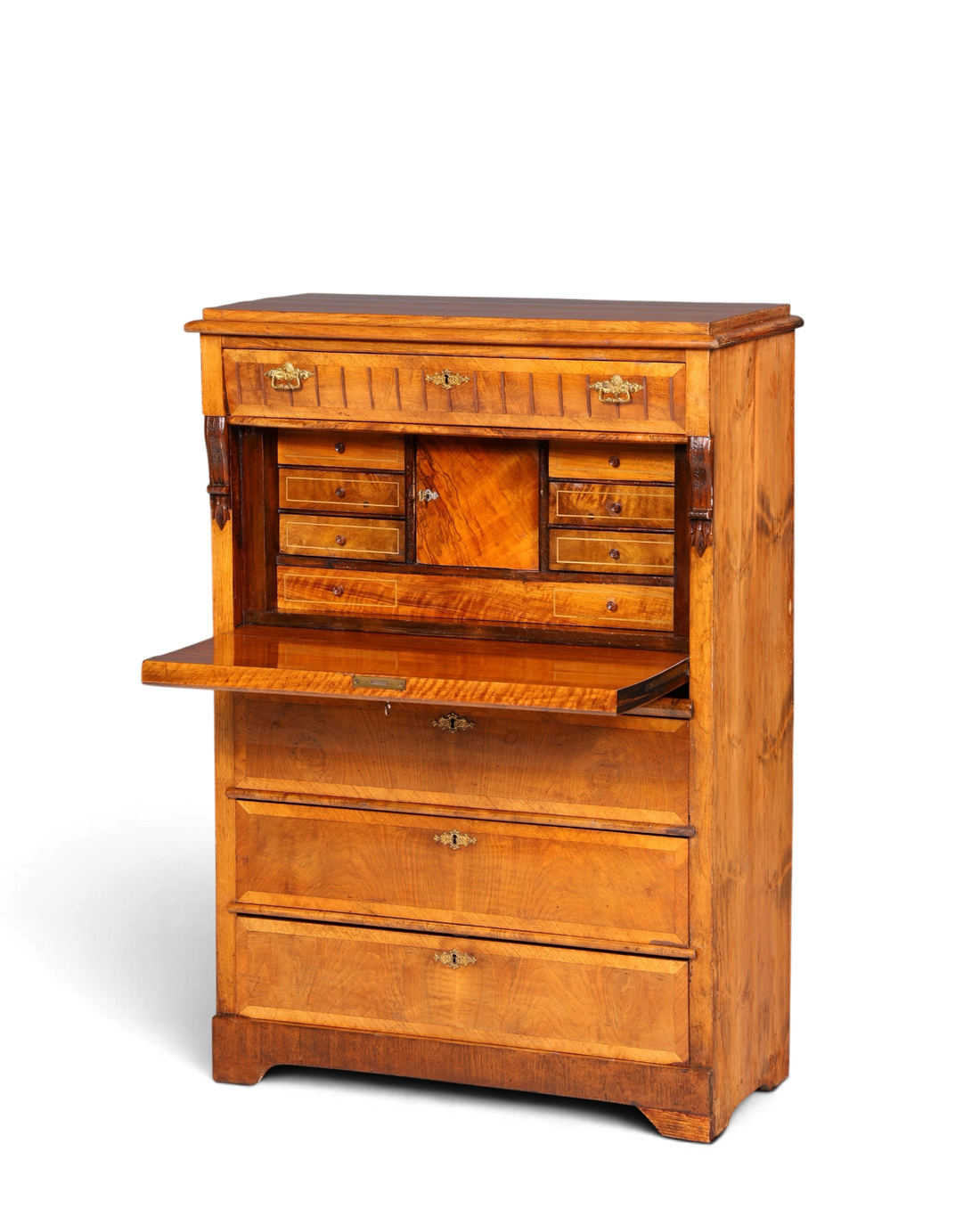 Hauptstadt Möblerei antiker Gründerzeit Sekretär aus Holz mit ausklappbarer Schreibfläche und Schubladen im Jugendstil