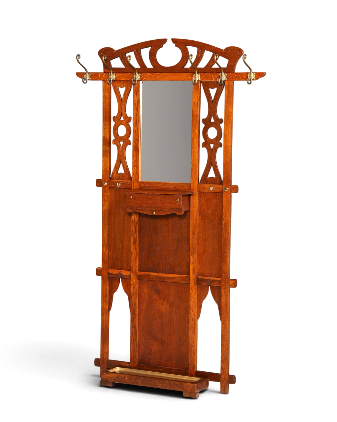 Hauptstadt Möblerei Jugendstil Wandgarderobe aus Holz mit Spiegel, Ablage und Messinghaken im Gründerzeit-Design