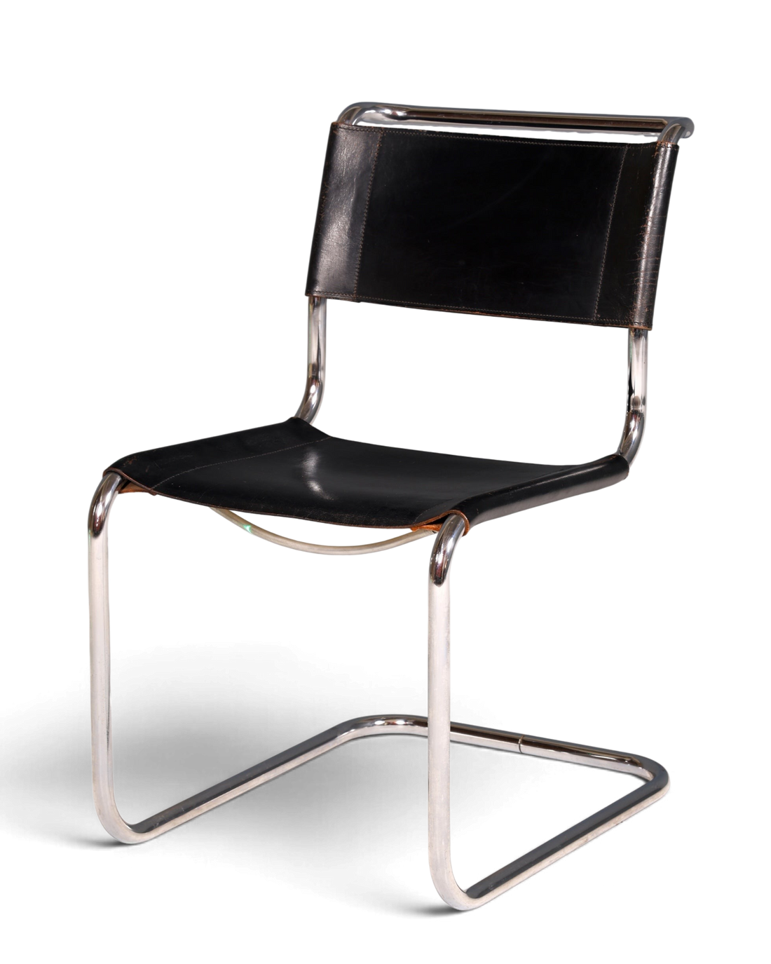 Hauptstadt Möblerei Original Thonet Freischwinger Stuhl aus schwarzem Leder mit verchromtem Stahlrohrgestell