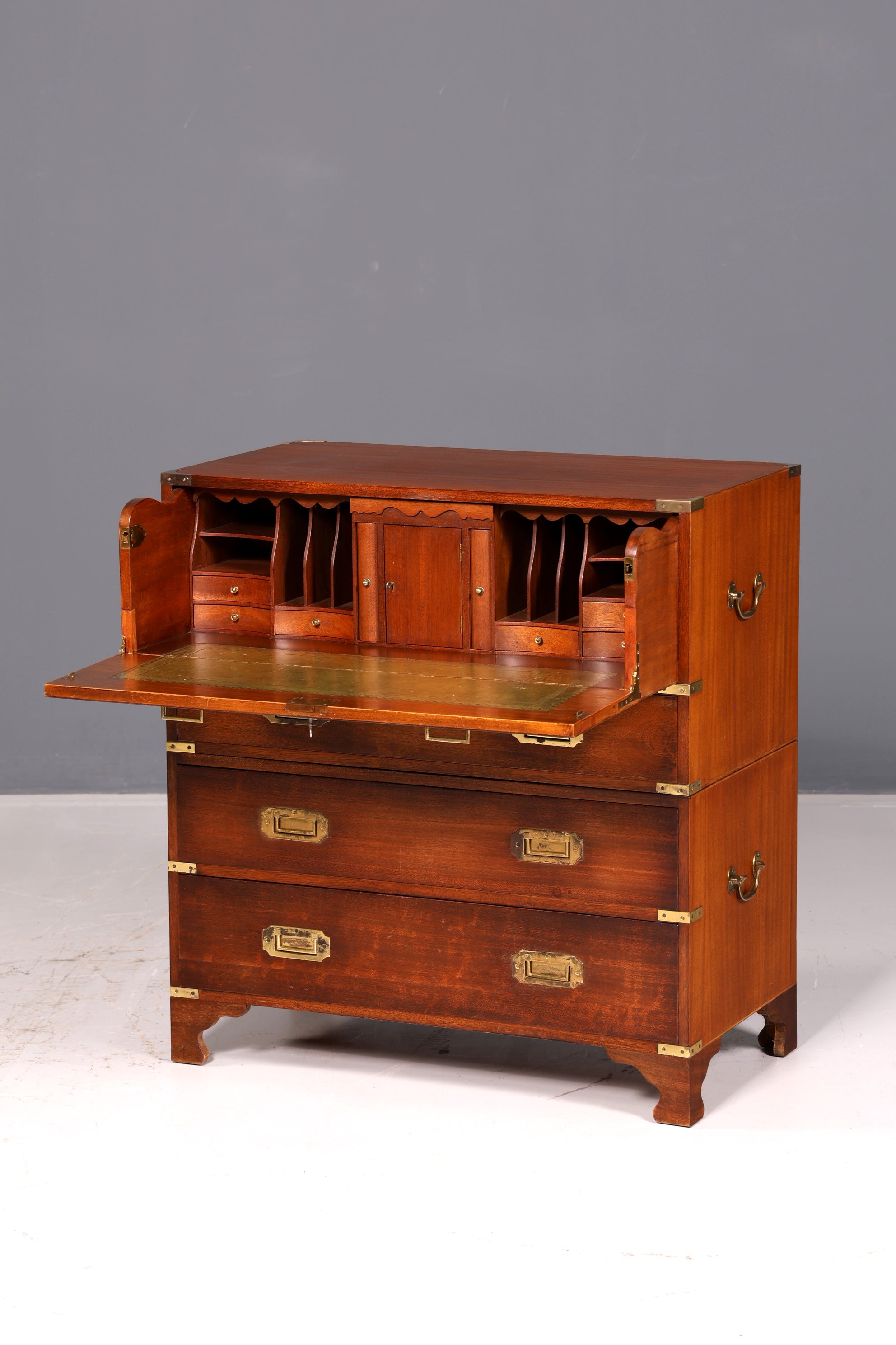 Beautiful Maritime English Secretary Desk, Writing Chest with Genuine Leather Writing Surface, Antique Vintage