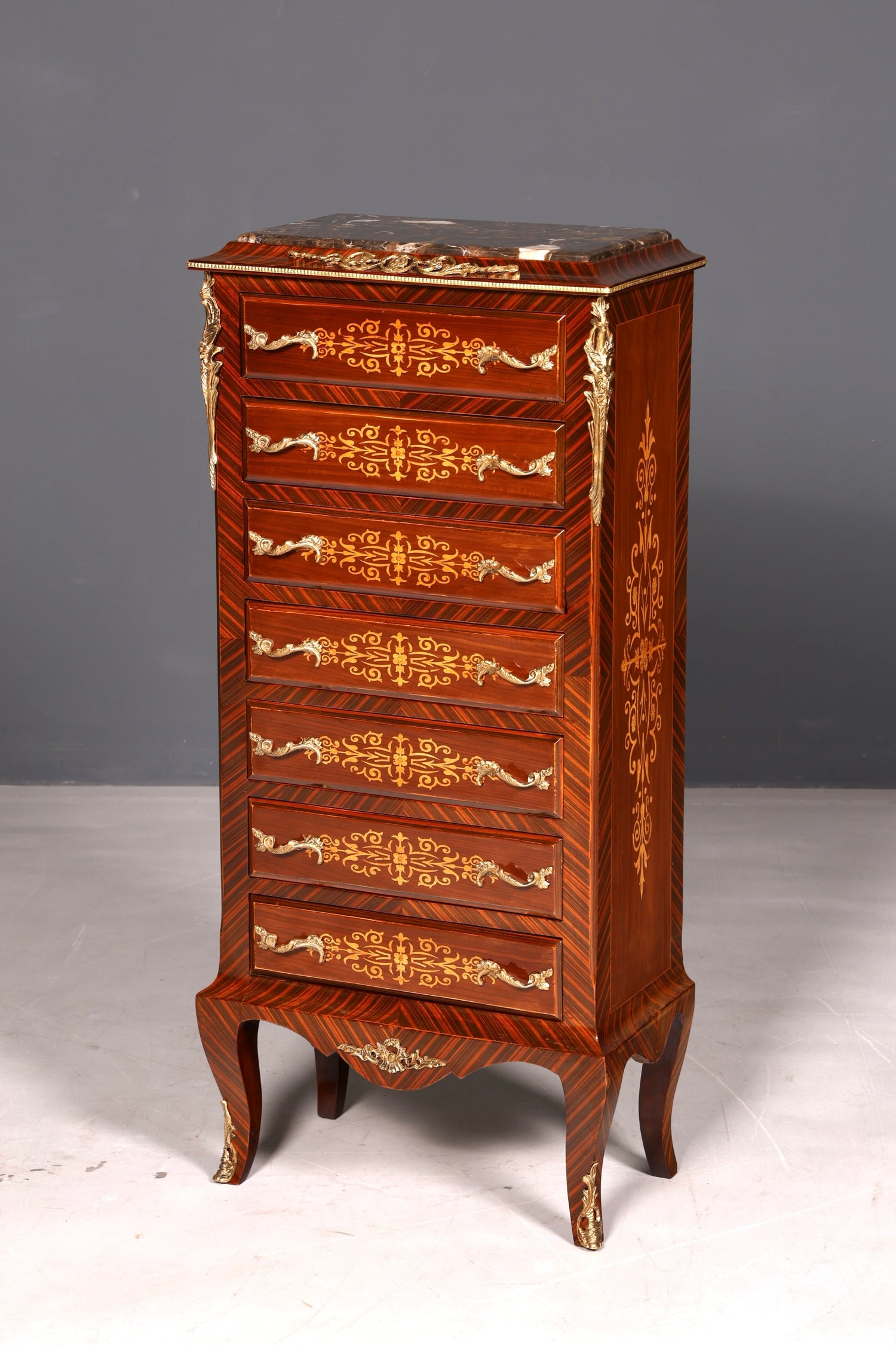 Wunderschönes Barock Stil Louis XV Highboard Marmor Vertiko Intarsien Kommode