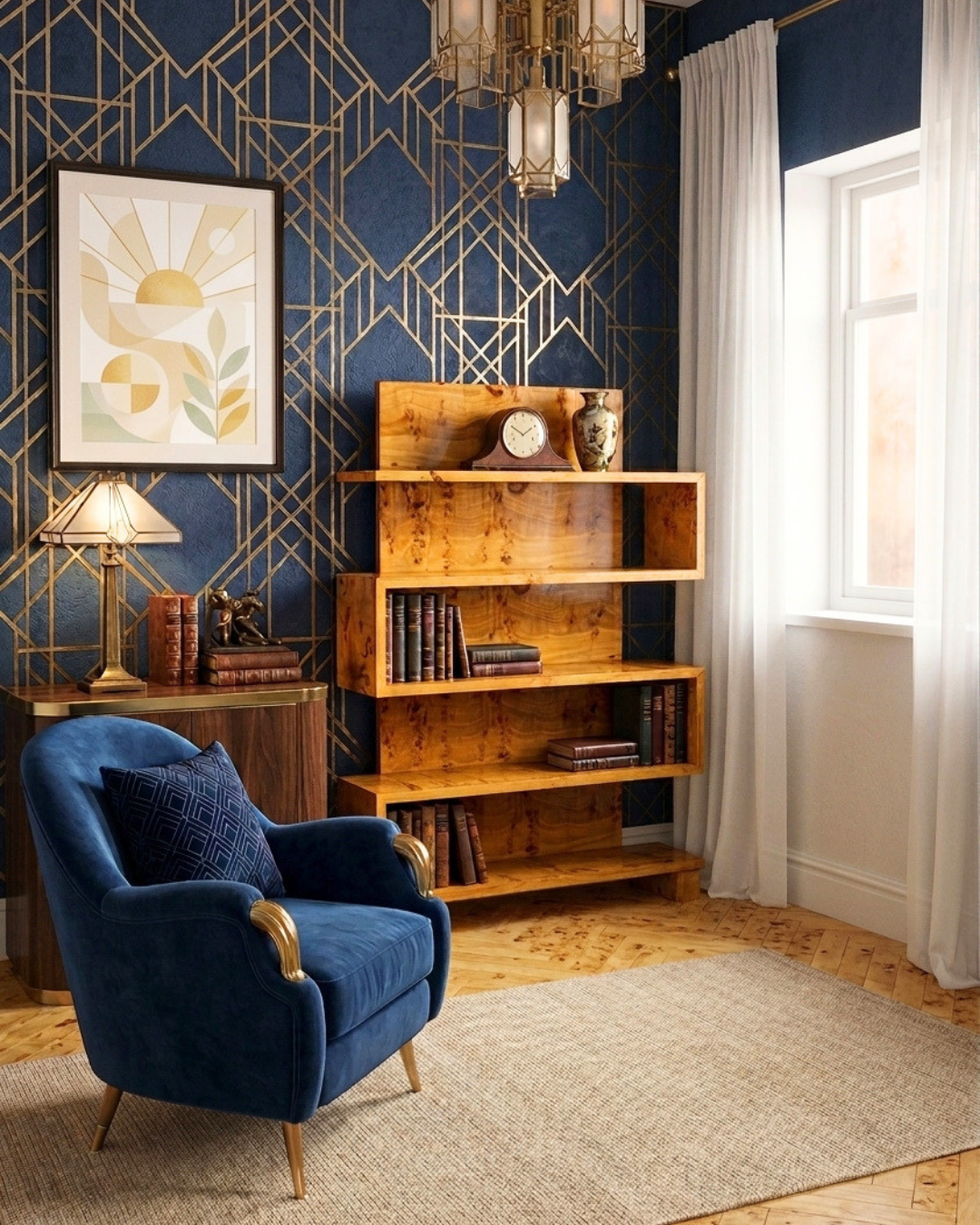 Dreamlike Art Deco style birch bookcase, luxury furniture, cult cabinet shelf.