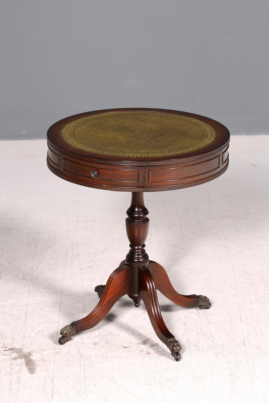 Edler Englischer Trommeltisch Mahagoni Beistelltisch Drum Table mit grüner Lederauflage Antik Vintage
