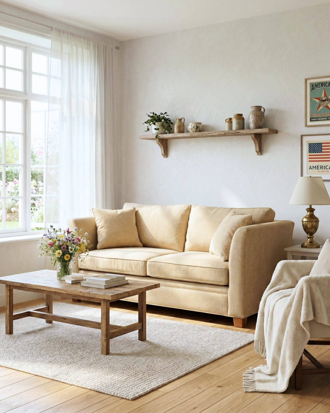 Hauptstadt Möblerei Drexel Heritage 2-Sitzer Sofa in Beige mit hochwertigem Stoffbezug in einem hellen Wohnzimmer