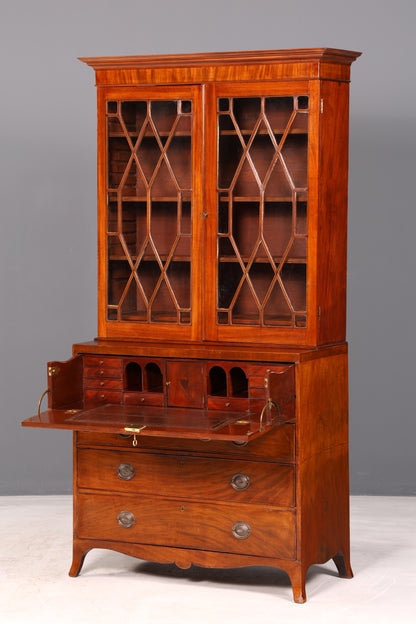 Beautiful antique English secretary desk with hutch, bookcase, display cabinet, mahogany office writing cabinet, UK