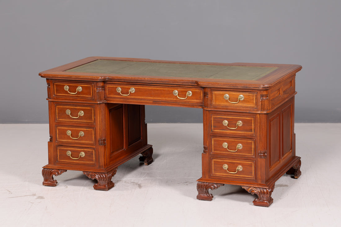Beautiful English writing desk with genuine leather inlay, office desk, antique vintage style