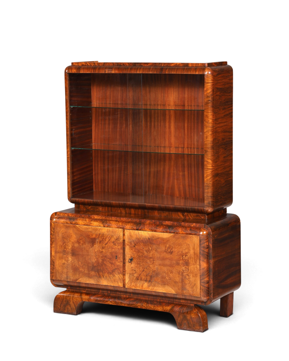 Edle Art Deco Vitrine Nussbaum Vitrine massiv Holz Antik Schrank Regal Vitrinenschrank