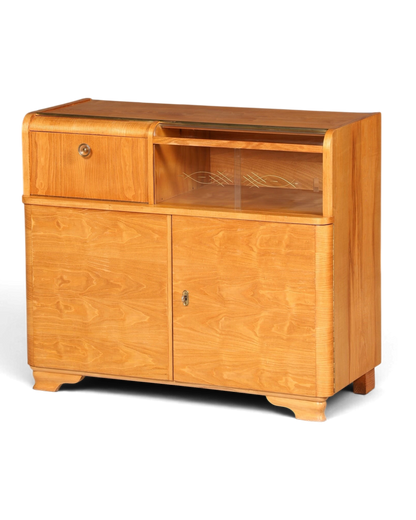 Hauptstadt Möblerei Mid Century Kommode aus Teakholz mit Art Deco Elementen, Schublade und verglastem Fach