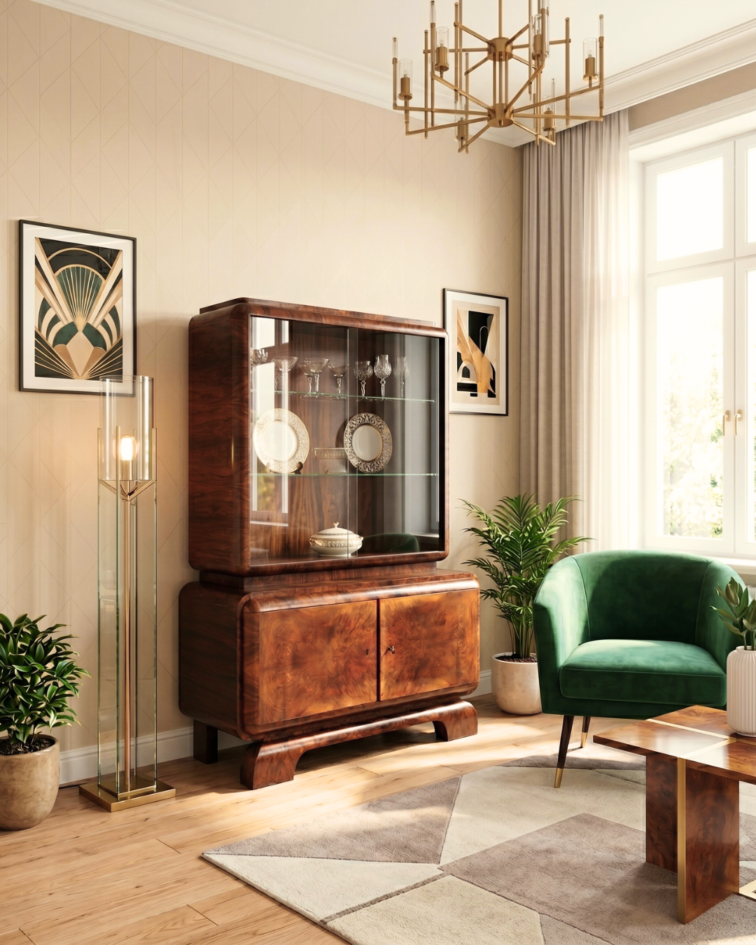 Elegant Art Deco display cabinet, walnut, solid wood, antique cabinet, shelf, display case