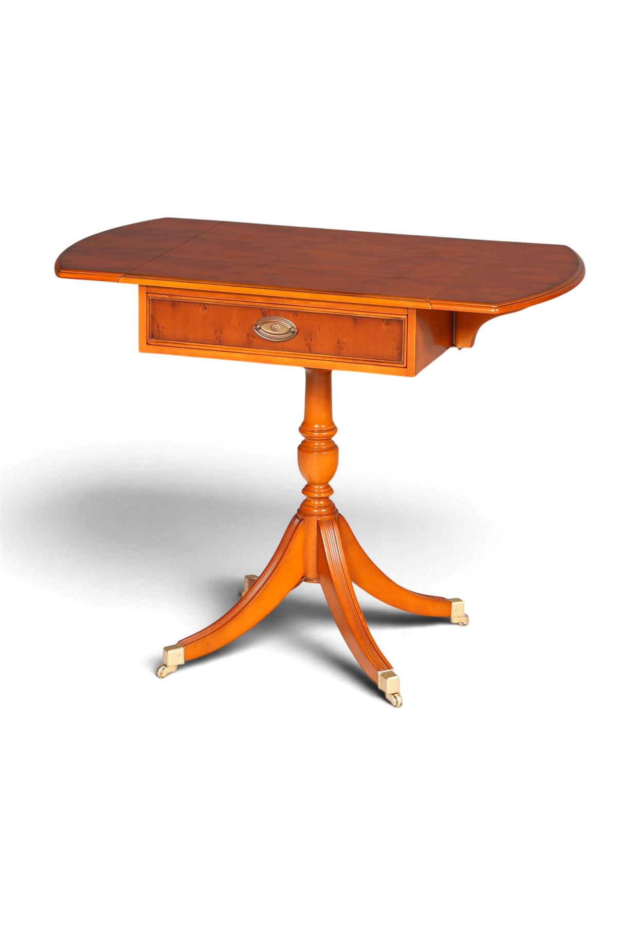 Hauptstadt Möblerei Heldense Beistelltisch aus Eibenholz mit klappbarer Platte, Schublade und Rollen im Vintage-Stil