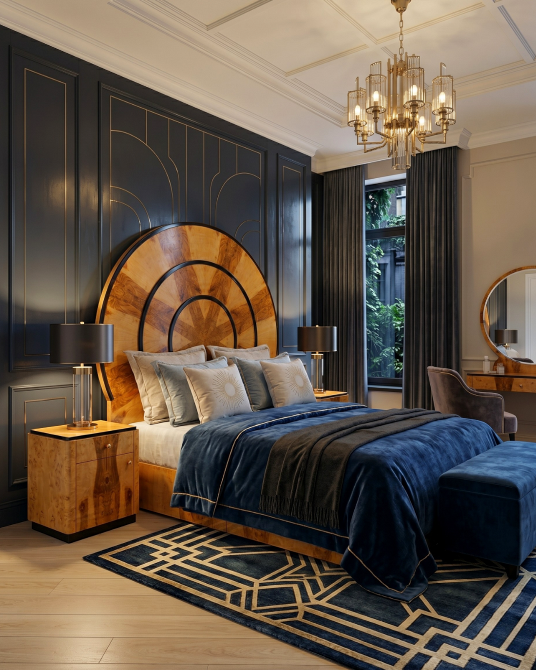 Hauptstadt Möblerei Art Deco Doppelbett Sun aus massivem Birkenholz mit rundem Kopfteil in elegantem Schlafzimmer