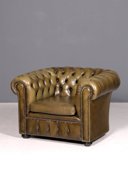 Stilvoller Original Chesterfield Sessel Grün Echt Leder Englischer Armlehnsessel Herrensessel Clubsessel UK Vintage