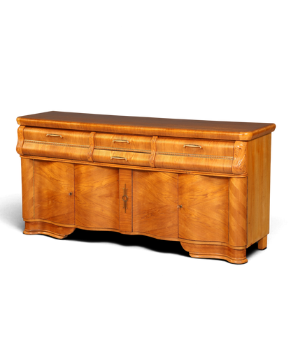Hauptstadt Möblerei Anrichte aus hellem Holz im Art-Déco-Stil mit geschwungenen Fronten und goldenen Griffen