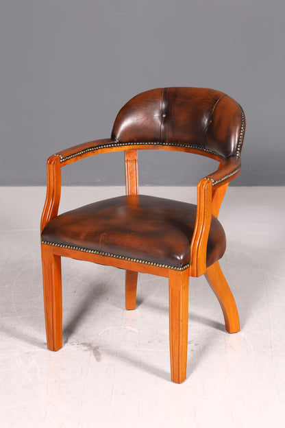 Wunderschöner Chesterfield Armlehnstuhl Braun Echt Leder Englisch Bürostuhl Schreibtischstuhl Sekretär Stuhl Court Chair 2 von 4