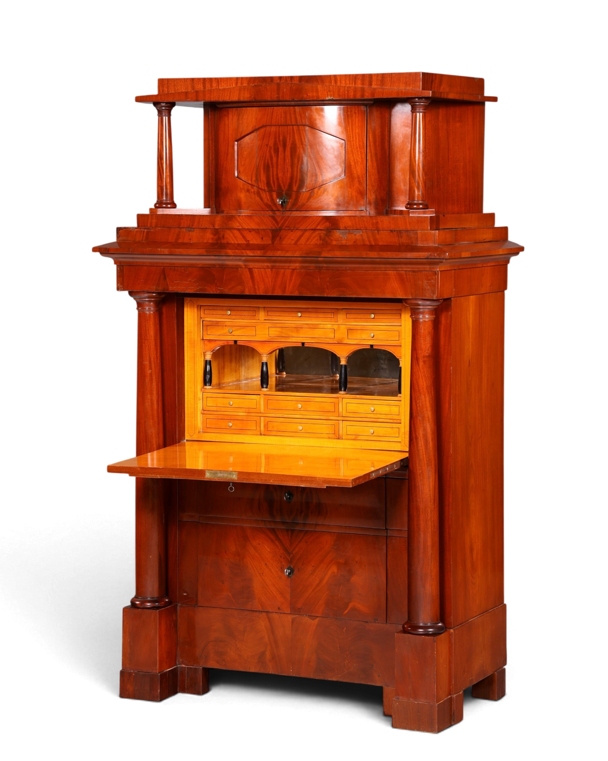 Hauptstadt Möblerei Biedermeier sekreter 1860 yılından kalma masif ahşap sütunlu antika yazı masası ve çekmeceli dolap