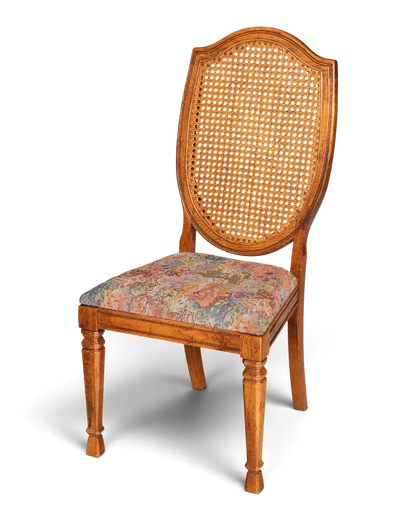 Hauptstadt Möblerei Stuhl mit Wiener Geflecht Rückenlehne und buntem Polstersitz aus Holz im Vintage-Stil