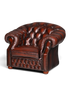 Hauptstadt Möblerei Chesterfield Centurion Sessel aus braunem Echtleder mit Knopfheftung und geschwungenen Armlehnen