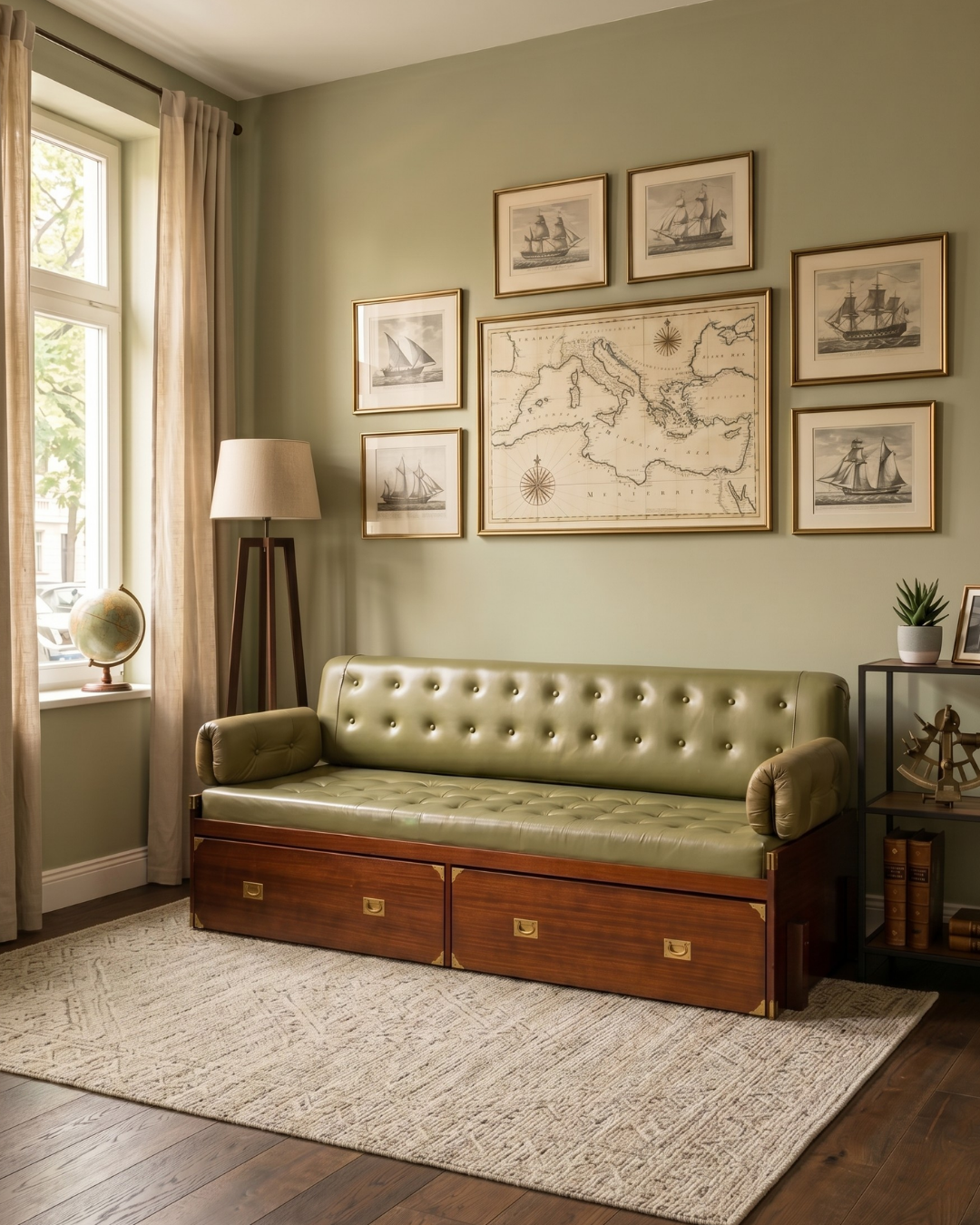 Seltenes Maritim Sofa Daybed Schlafcouch Englischer echt Leder Military Chest Bett Antik