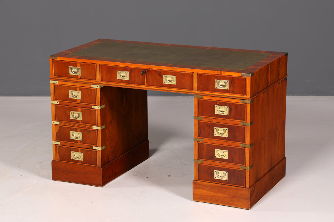 Elegant Maritime Desk, English Military Chest, Office Desk, Office Table, Genuine Leather Top, Antique, Vintage