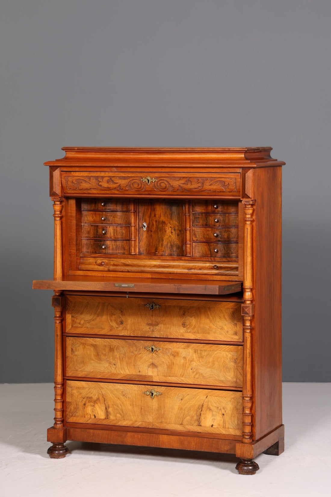 Stilvoller Gründerzeit Sekretär Vertiko Nussbaum Highboard Louis Philippe Kommode Sekretär Schrank um 1880