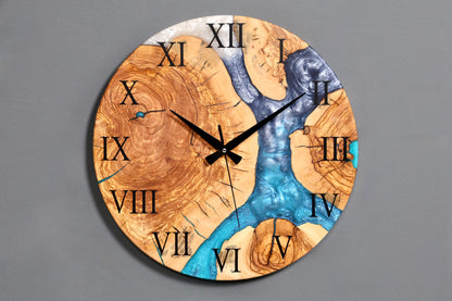 Traumhafte Handgefertigte Epoxidharz Wanduhr Olivenbaum Uhr Epoxy Analog Uhr