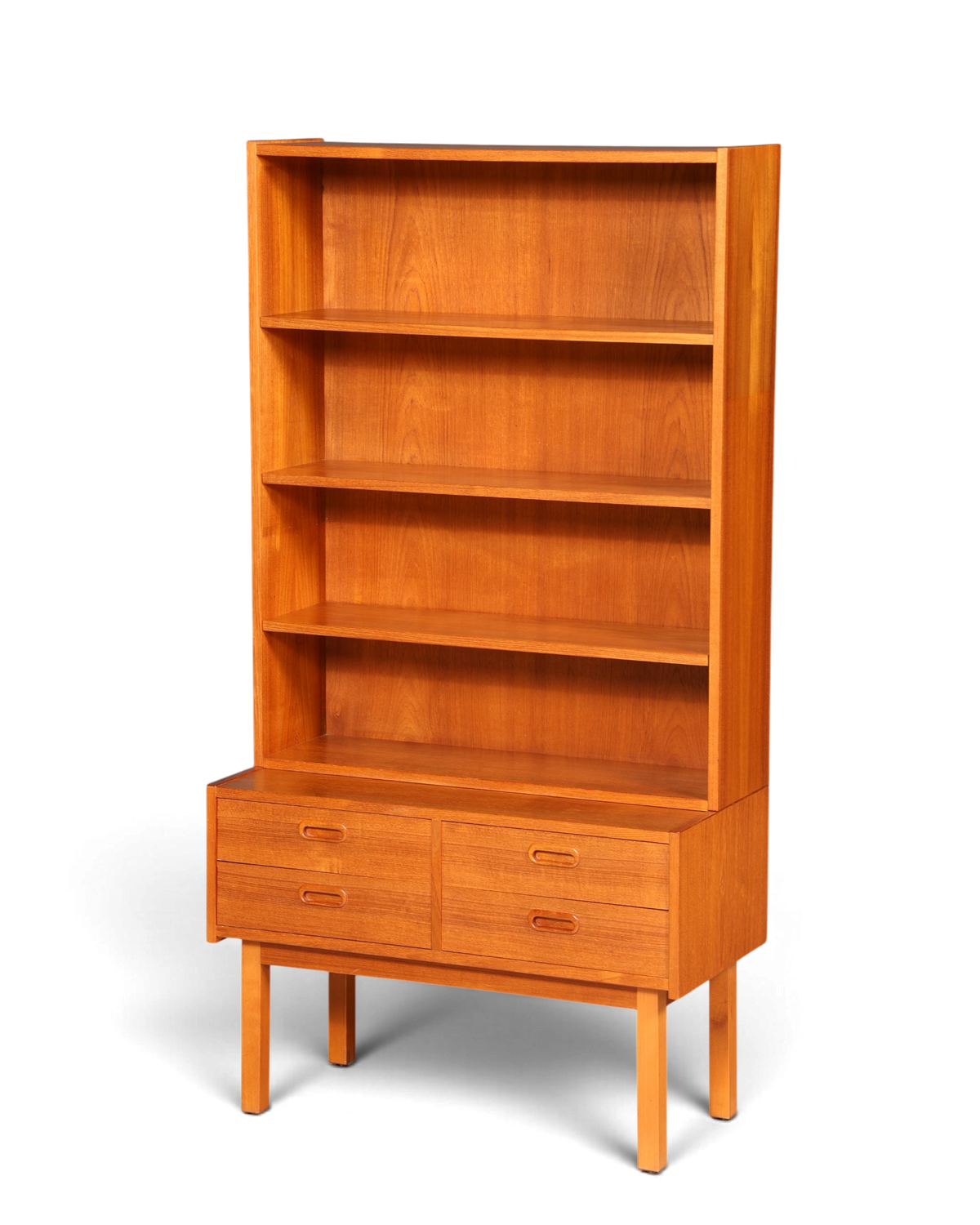 Hauptstadt Möblerei Mid Century Regal aus Holz im dänischen Design mit offenen Fächern und zwei Schubladen