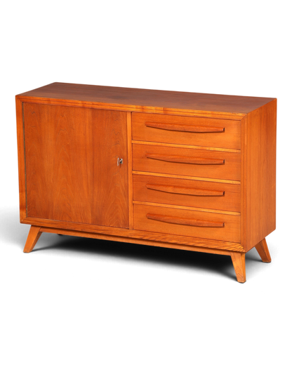 Hauptstadt Möblerei Mid Century Sideboard aus Echtholz mit Schranktür und vier Schubladen im Vintage-Stil