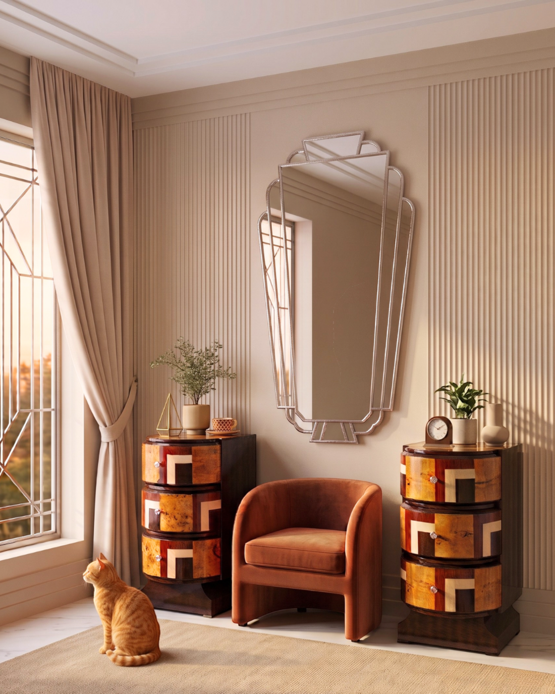 Hauptstadt Möblerei Set aus zwei runden Art Deco Kommoden aus Holz mit drei Schubladen in einem eleganten Wohnzimmer