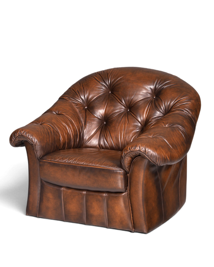 Hauptstadt Möblerei Chesterfield Ledersessel in Braun mit Knopfheftung und geschwungenen Armlehnen im Vintage-Stil