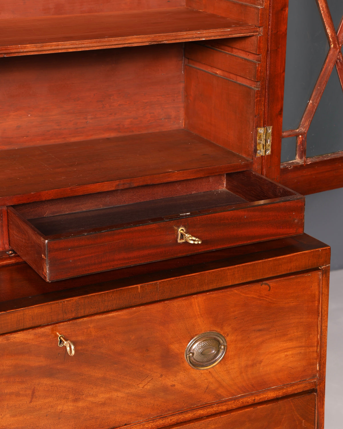 Beautiful antique English secretary desk with hutch, bookcase, display cabinet, mahogany office writing cabinet, UK