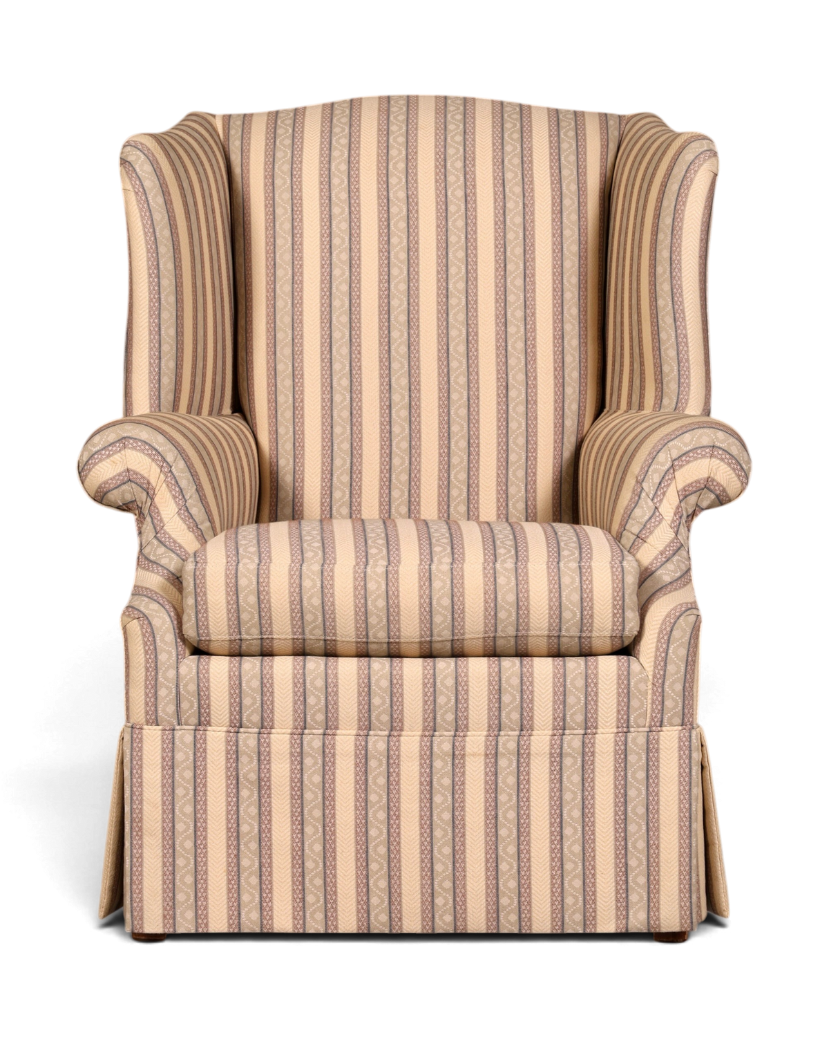 Hauptstadt Möblerei Ohrensessel mit klassischem beigefarbenem Streifenmuster und gepolsterten Armlehnen